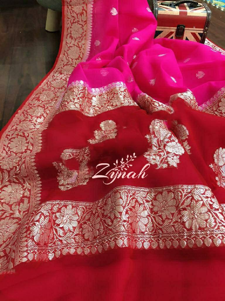 Zynah Pure Banarasi Handloom Khaddi Georgette Saree with Zari Weave; Custom Stitched/Ready-made Blouse, Fall, Petticoat; Shipping available USA, Worldwide