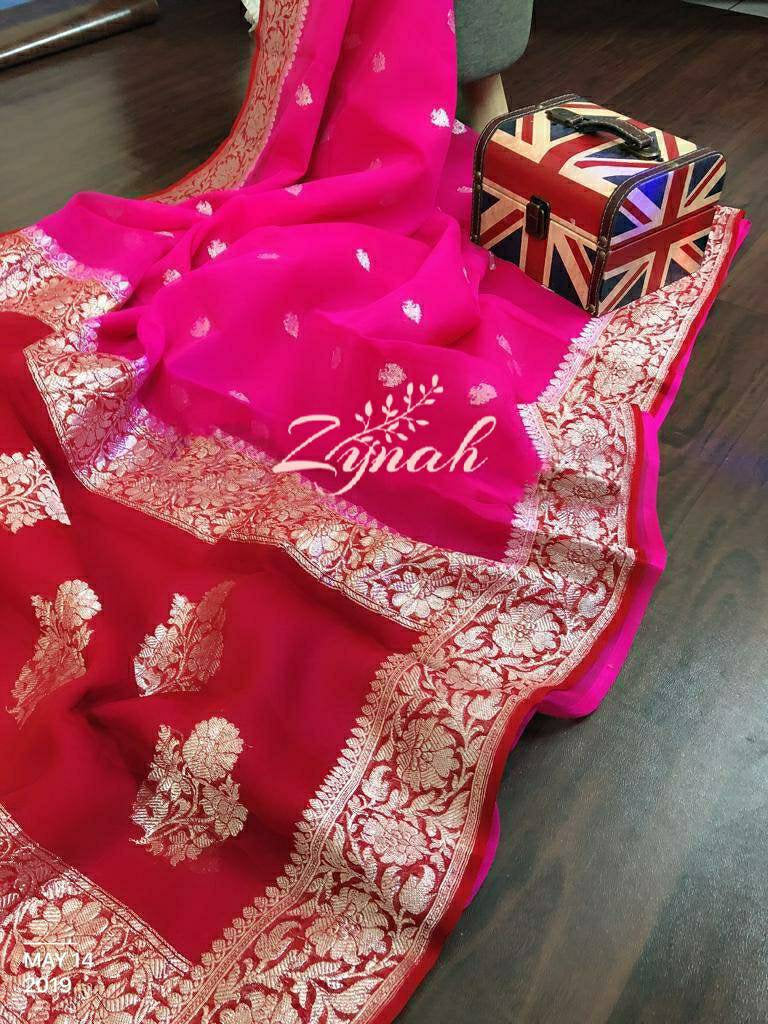 Zynah Pure Banarasi Handloom Khaddi Georgette Saree with Zari Weave; Custom Stitched/Ready-made Blouse, Fall, Petticoat; Shipping available USA, Worldwide