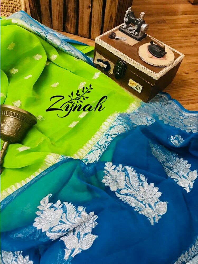 Zynah Pure Banarasi Handloom Khaddi Georgette Saree with Zari Weave; Custom Stitched/Ready-made Blouse, Fall, Petticoat; Shipping available USA, Worldwide