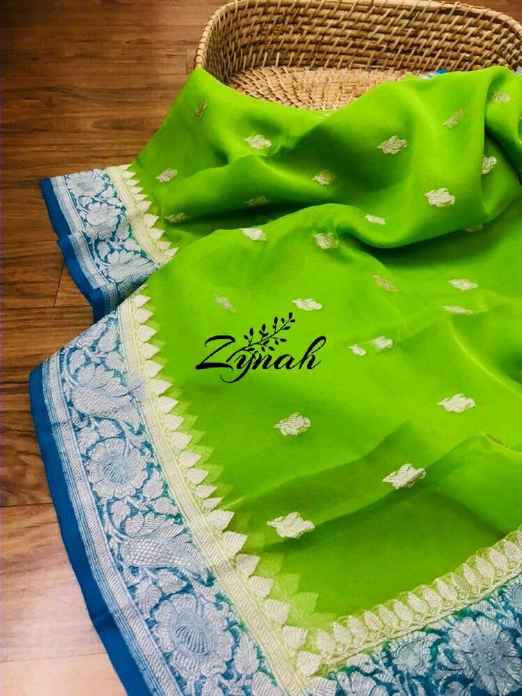 Zynah Pure Banarasi Handloom Khaddi Georgette Saree with Zari Weave; Custom Stitched/Ready-made Blouse, Fall, Petticoat; Shipping available USA, Worldwide