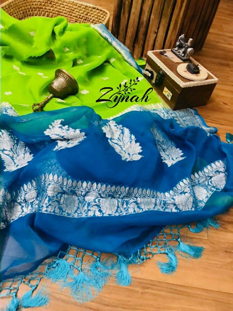 Zynah Pure Banarasi Handloom Khaddi Georgette Saree with Zari Weave; Custom Stitched/Ready-made Blouse, Fall, Petticoat; Shipping available USA, Worldwide