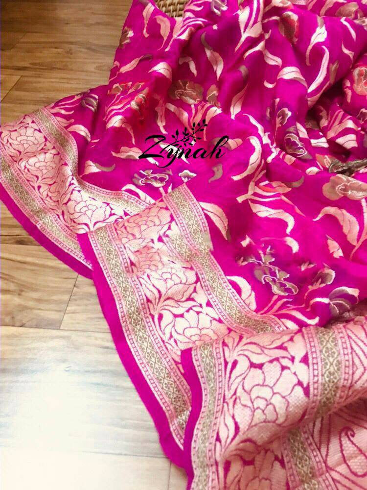 Zynah Pure Chiffon Georgette Banarasi Woven Saree, Dyeable; Custom Stitched/Ready-made Blouse, Fall, Petticoat; Shipping available USA, Worldwide