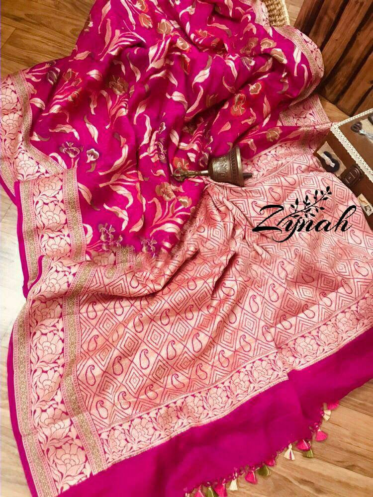 Zynah Pure Chiffon Georgette Banarasi Woven Saree, Dyeable; Custom Stitched/Ready-made Blouse, Fall, Petticoat; Shipping available USA, Worldwide
