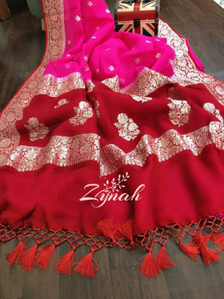 Zynah Pure Banarasi Handloom Khaddi Georgette Saree with Zari Weave; Custom Stitched/Ready-made Blouse, Fall, Petticoat; Shipping available USA, Worldwide