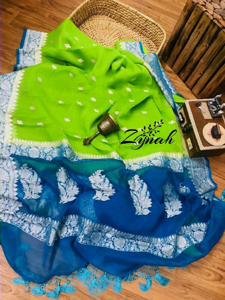 Zynah Pure Banarasi Handloom Khaddi Georgette Saree with Zari Weave; Custom Stitched/Ready-made Blouse, Fall, Petticoat; Shipping available USA, Worldwide