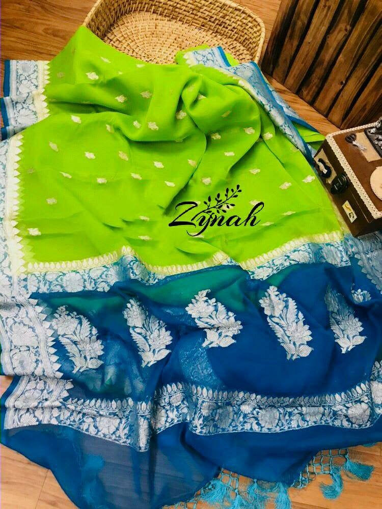 Zynah Pure Banarasi Handloom Khaddi Georgette Saree with Zari Weave; Custom Stitched/Ready-made Blouse, Fall, Petticoat; Shipping available USA, Worldwide