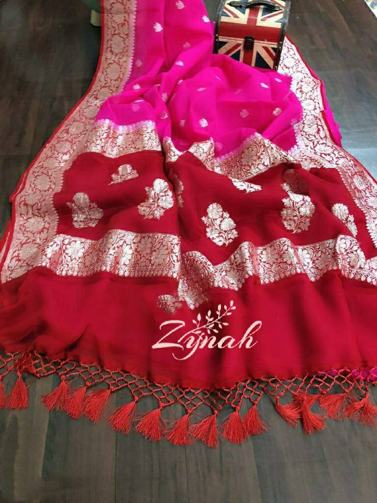 Zynah Pure Banarasi Handloom Khaddi Georgette Saree with Zari Weave; Custom Stitched/Ready-made Blouse, Fall, Petticoat; Shipping available USA, Worldwide