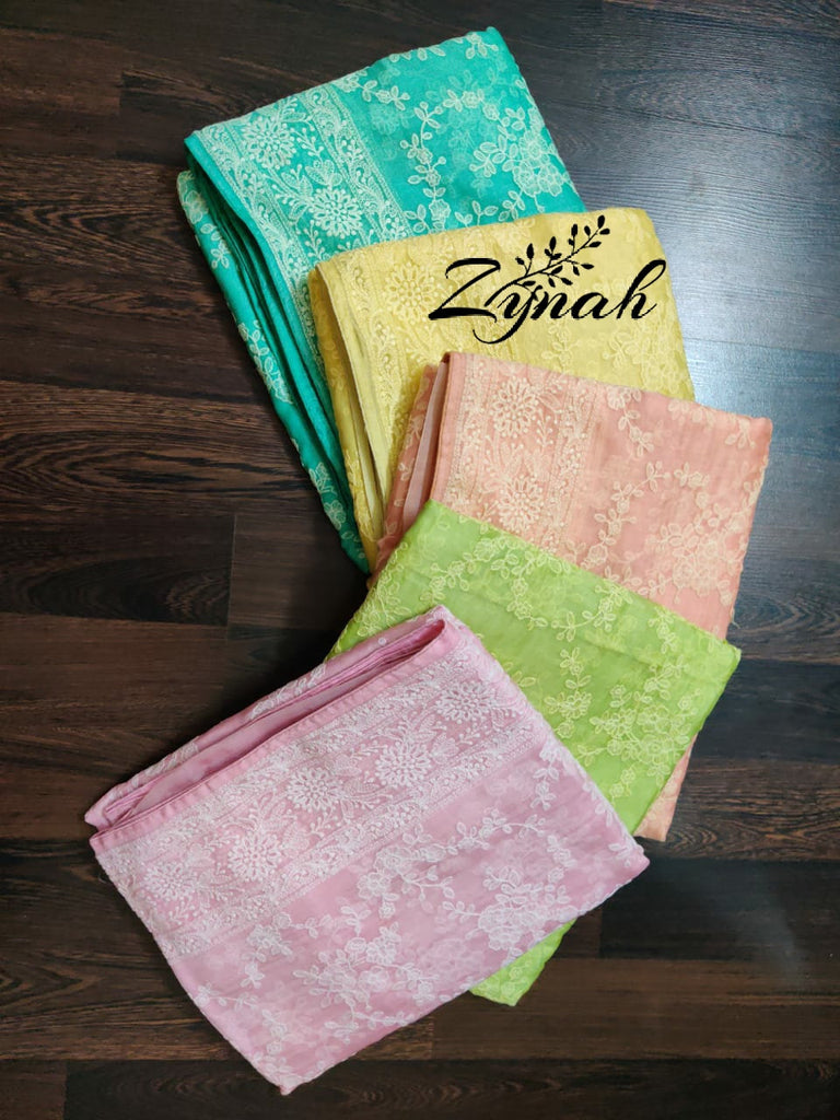 Zynah Pure Organza Chikankari Saree in Pastel Shades; Custom Stitched/Ready-made Blouse, Fall, Petticoat; Shipping available USA, Worldwide