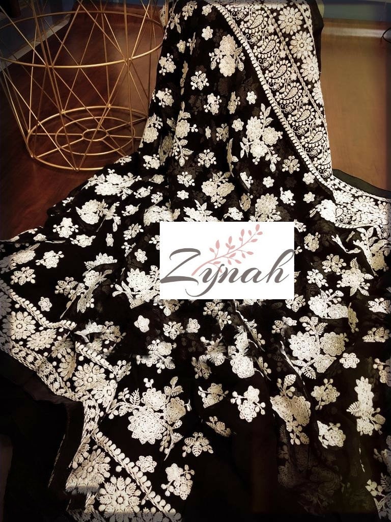 Zynah Pure Georgette Chikankari Saree with intricate floral bouquet;Custom Stitched/Ready-made Blouse, Fall, Petticoat; Shipping available USA, Worldwide