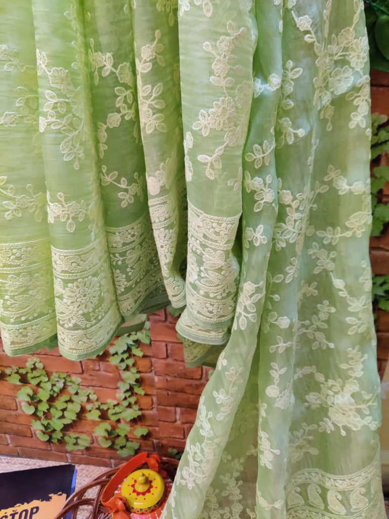 Zynah Pure Organza Chikankari Saree in Pastel Shades; Custom Stitched/Ready-made Blouse, Fall, Petticoat; Shipping available USA, Worldwide