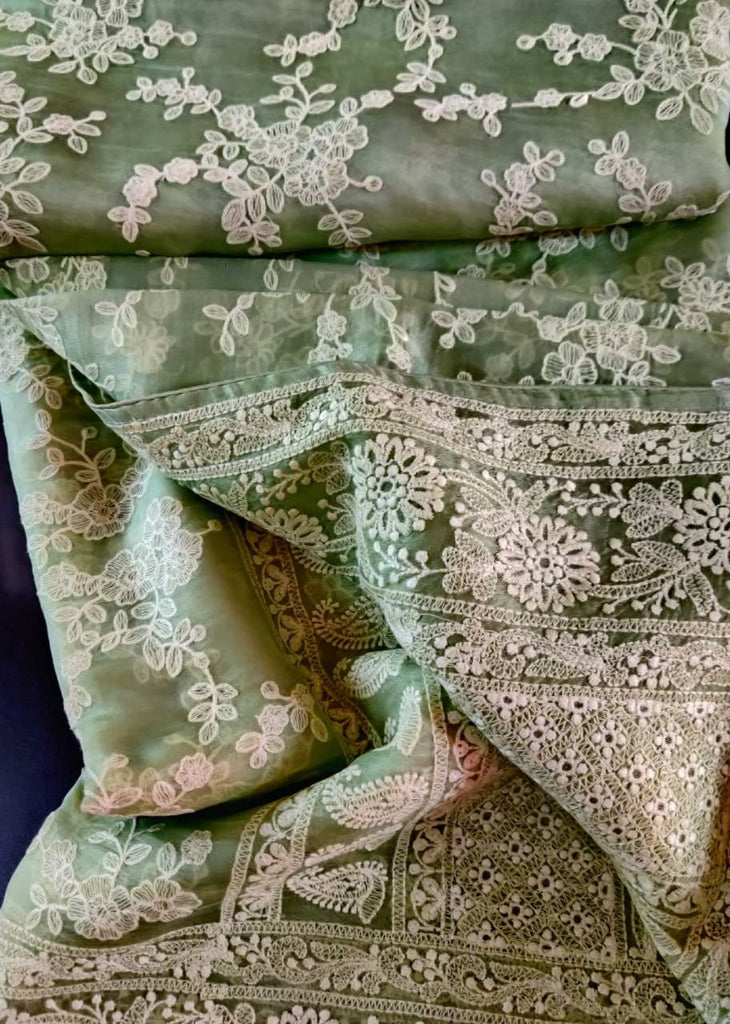 Zynah Pure Organza Chikankari Saree in Pastel Shades; Custom Stitched/Ready-made Blouse, Fall, Petticoat; Shipping available USA, Worldwide
