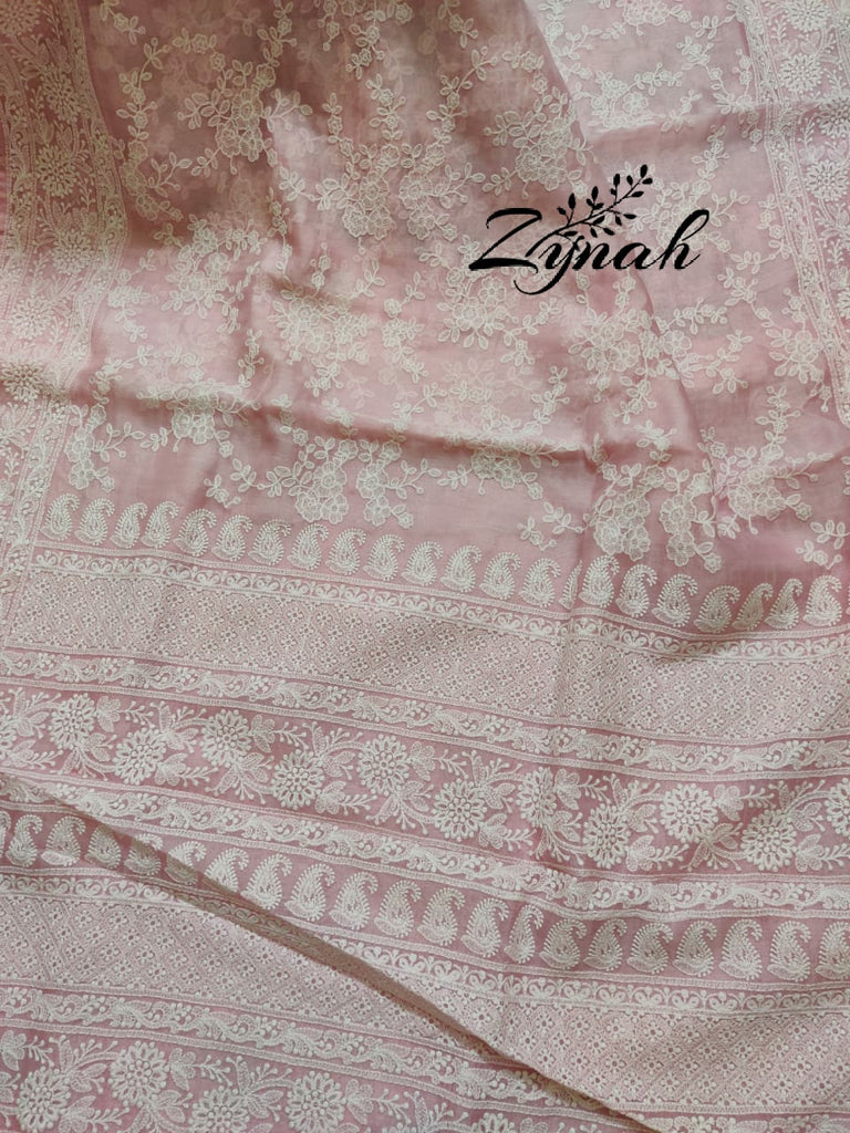 Zynah Pure Organza Chikankari Saree in Pastel Shades; Custom Stitched/Ready-made Blouse, Fall, Petticoat; Shipping available USA, Worldwide