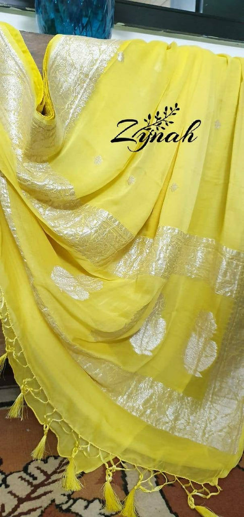 Zynah Pure Banarasi Handloom Khaddi Georgette Saree with Zari Weave; Custom Stitched/Ready-made Blouse, Fall, Petticoat; Shipping available USA, Worldwide