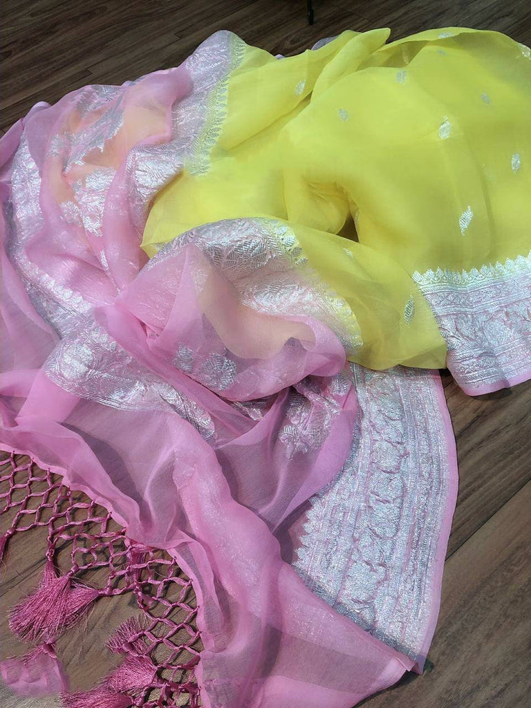 Zynah Pure Banarasi Handloom Khaddi Georgette Saree with Zari Border & Butis; Custom Stitched/Ready-made Blouse, Fall, Petticoat; Shipping available USA, Worldwide