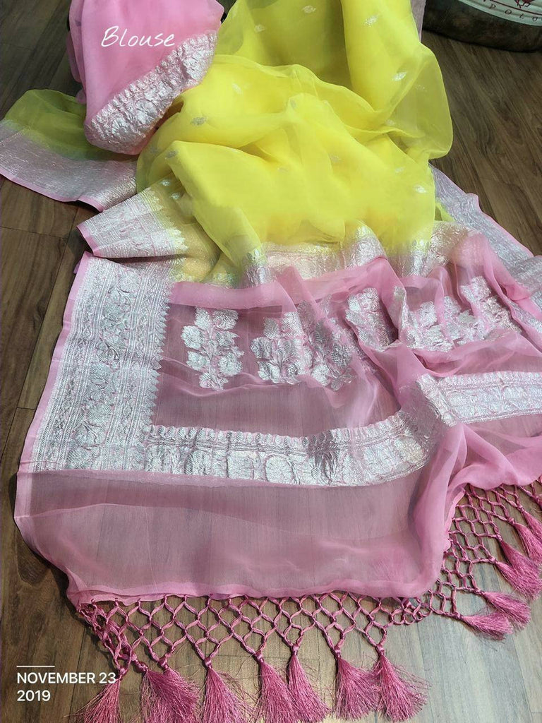 Zynah Pure Banarasi Handloom Khaddi Georgette Saree with Zari Border & Butis; Custom Stitched/Ready-made Blouse, Fall, Petticoat; Shipping available USA, Worldwide