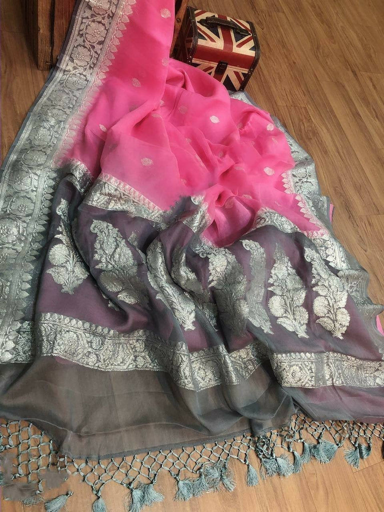 Zynah Pure Banarasi Handloom Khaddi Georgette Saree with Zari Weave; Custom Stitched/Ready-made Blouse, Fall, Petticoat; Shipping available USA, Worldwide