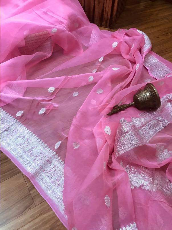 Zynah Pure Banarasi Handloom Khaddi Georgette Saree with Zari Border & Butis; Custom Stitched/Ready-made Blouse, Fall, Petticoat; Shipping available USA, Worldwide