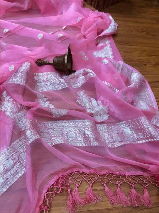 Zynah Pure Banarasi Handloom Khaddi Georgette Saree with Zari Border & Butis; Custom Stitched/Ready-made Blouse, Fall, Petticoat; Shipping available USA, Worldwide