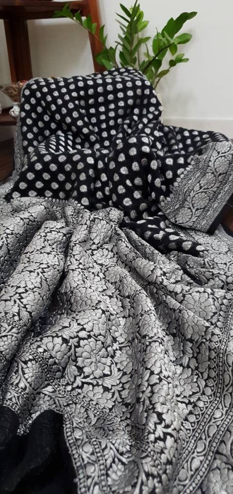 Zynah Khaddi Georgette Banarasi Woven Saree; Custom Stitched/Ready-made Blouse, Fall, Petticoat; Shipping available USA, Worldwide