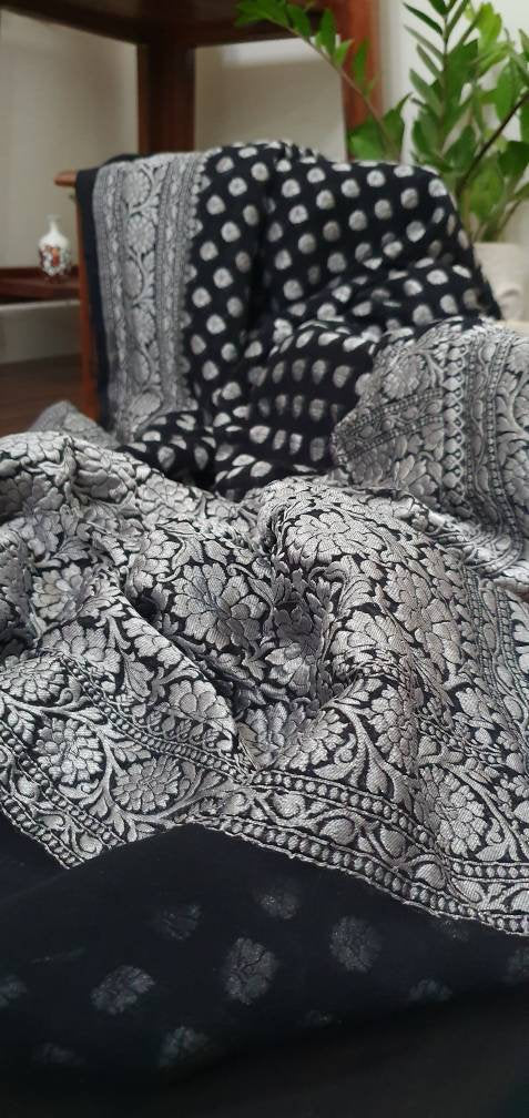 Zynah Khaddi Georgette Banarasi Woven Saree; Custom Stitched/Ready-made Blouse, Fall, Petticoat; Shipping available USA, Worldwide