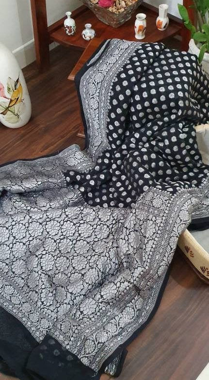 Zynah Khaddi Georgette Banarasi Woven Saree; Custom Stitched/Ready-made Blouse, Fall, Petticoat; Shipping available USA, Worldwide