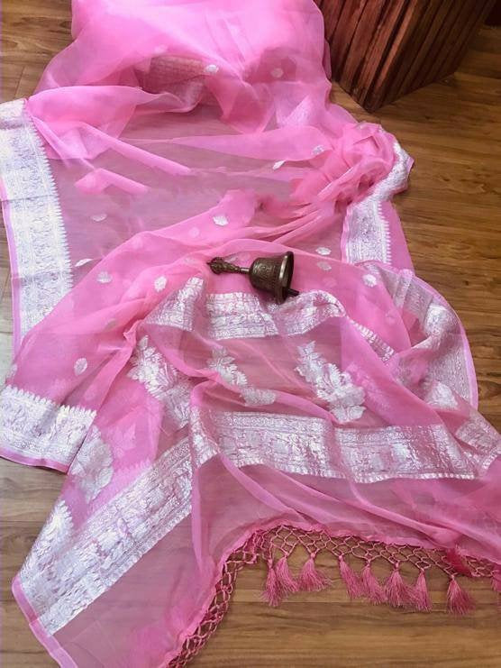Zynah Pure Banarasi Handloom Khaddi Georgette Saree with Zari Border & Butis; Custom Stitched/Ready-made Blouse, Fall, Petticoat; Shipping available USA, Worldwide