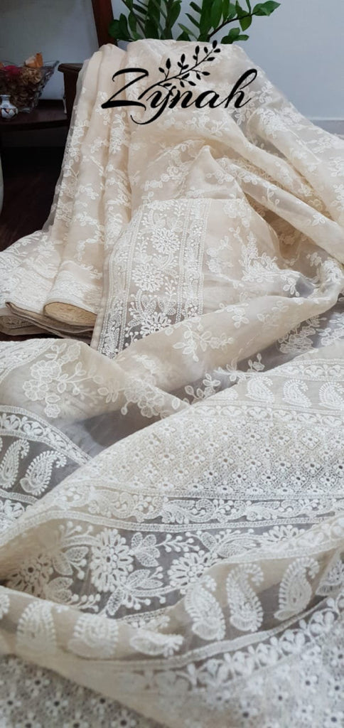 Zynah Pure Organza Chikankari Saree in Pastel Shades; Custom Stitched/Ready-made Blouse, Fall, Petticoat; Shipping available USA, Worldwide