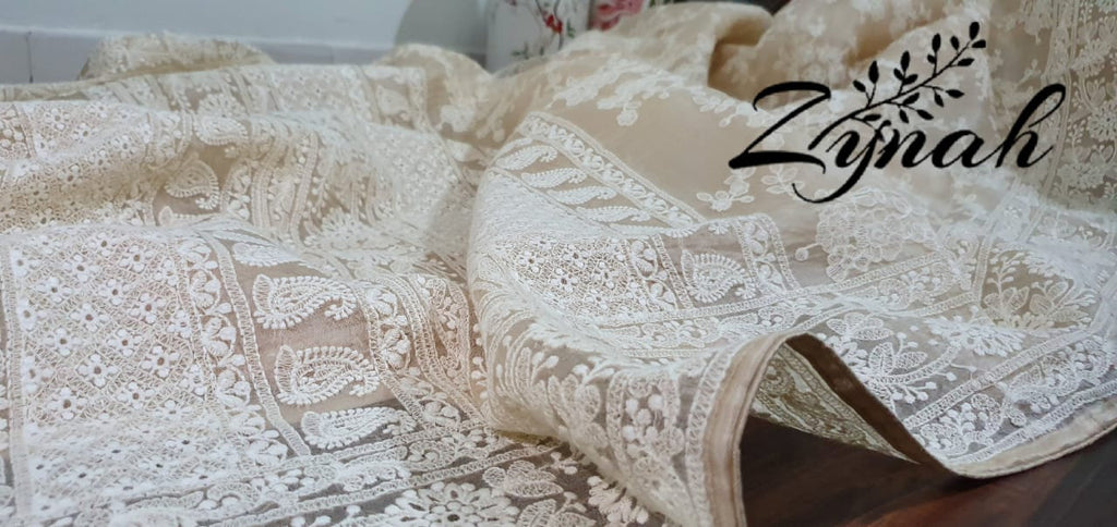 Zynah Pure Organza Chikankari Saree in Pastel Shades; Custom Stitched/Ready-made Blouse, Fall, Petticoat; Shipping available USA, Worldwide