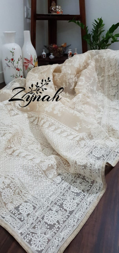 Zynah Pure Organza Chikankari Saree in Pastel Shades; Custom Stitched/Ready-made Blouse, Fall, Petticoat; Shipping available USA, Worldwide