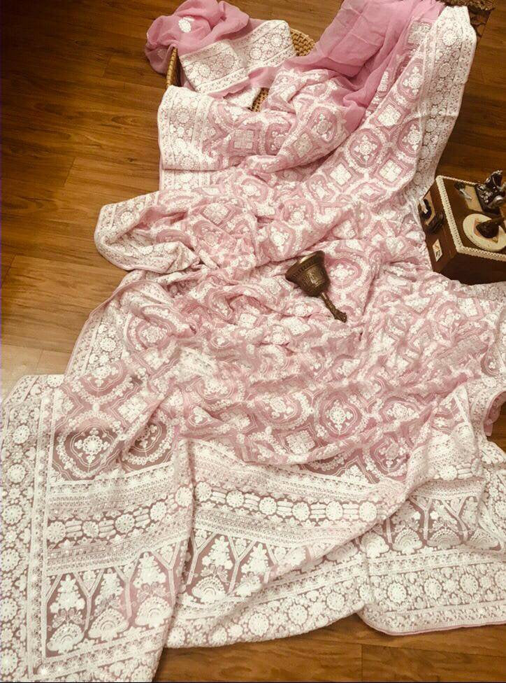 Zynah Pure Georgette Chikankari Saree in Pastel Shades with Sequence Hand work; Custom Stitched/Ready-made Blouse, Fall, Petticoat; Shipping available USA, Worldwide