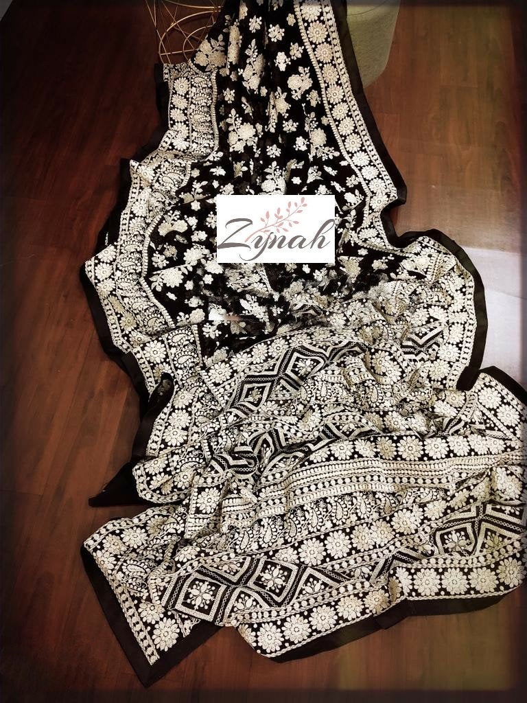 Zynah Pure Georgette Chikankari Saree with intricate floral bouquet;Custom Stitched/Ready-made Blouse, Fall, Petticoat; Shipping available USA, Worldwide