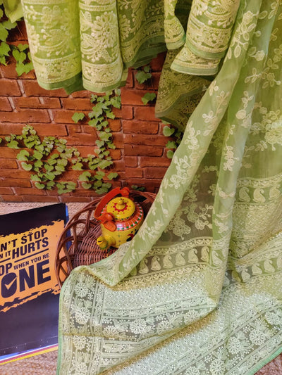 Zynah Pure Organza Chikankari Saree in Pastel Shades; Custom Stitched/Ready-made Blouse, Fall, Petticoat; Shipping available USA, Worldwide Zynah Pure Organza Chikankari Saree in Pastel Shades; Custom Stitched/Ready-made Blouse, Fall, Petticoat; Shipping available USA, Worldwide