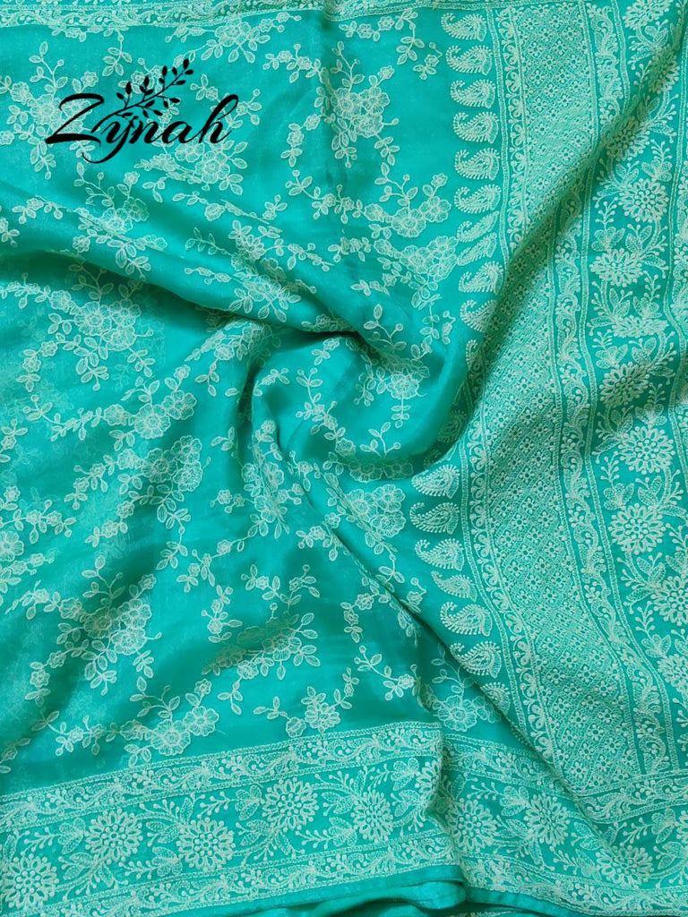 Zynah Pure Organza Chikankari Saree in Pastel Shades; Custom Stitched/Ready-made Blouse, Fall, Petticoat; Shipping available USA, Worldwide