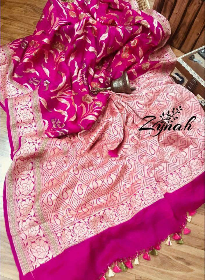 Zynah Pure Chiffon Georgette Banarasi Woven Saree, Dyeable; Custom Stitched/Ready-made Blouse, Fall, Petticoat; Shipping available USA, Worldwide