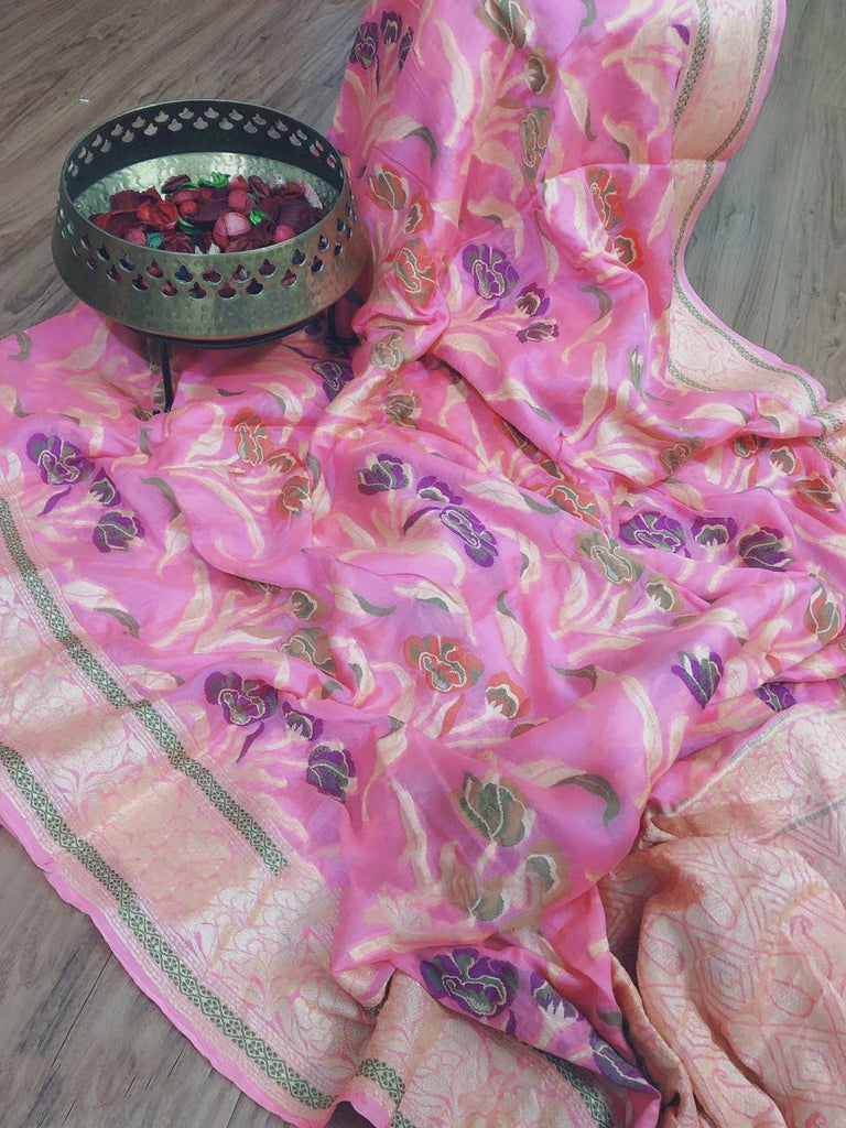 Zynah Pure Chiffon Georgette Banarasi Woven Saree, Dyeable; Custom Stitched/Ready-made Blouse, Fall, Petticoat; Shipping available USA, Worldwide