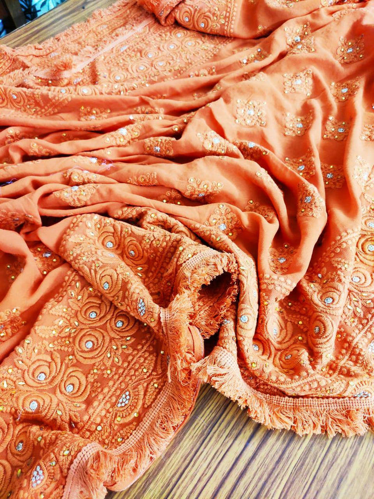 Zynah Pure Georgette Chikankari Saree with Glitter Work and Frilled Lace Border; Custom Stitched/Ready-made Blouse, Fall, Petticoat; Shipping available USA, Worldwide