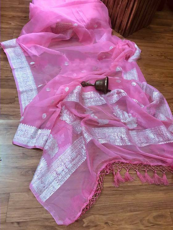 Zynah Pure Banarasi Handloom Khaddi Georgette Saree with Zari Border & Butis; Custom Stitched/Ready-made Blouse, Fall, Petticoat; Shipping available USA, Worldwide