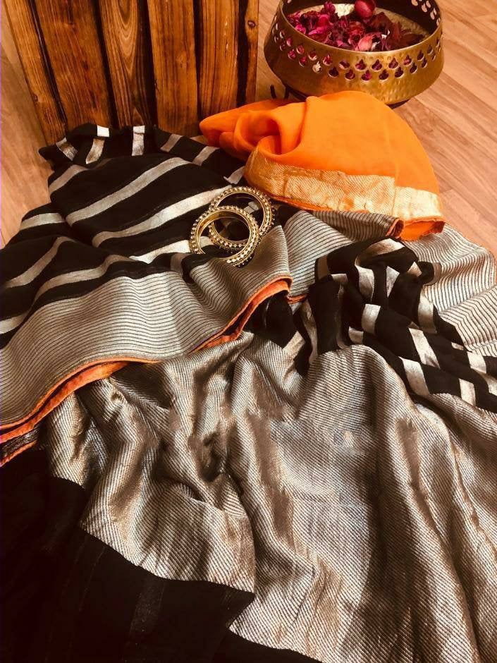 Zynah Khaddi Georgette Banarasi Woven Saree; Custom Stitched/Ready-made Blouse, Fall, Petticoat; Shipping available USA, Worldwide