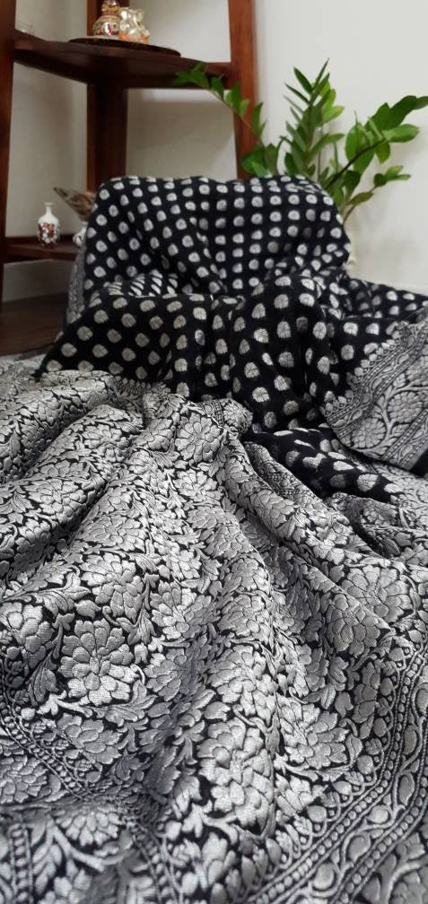 Zynah Khaddi Georgette Banarasi Woven Saree; Custom Stitched/Ready-made Blouse, Fall, Petticoat; Shipping available USA, Worldwide