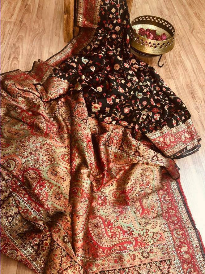 Zynah Pure Kani Silk Cotton Saree with Grand Pallu & Jaal woven body; Custom Stitched/Ready-made Blouse, Fall, Petticoat; Shipping available USA, Worldwide