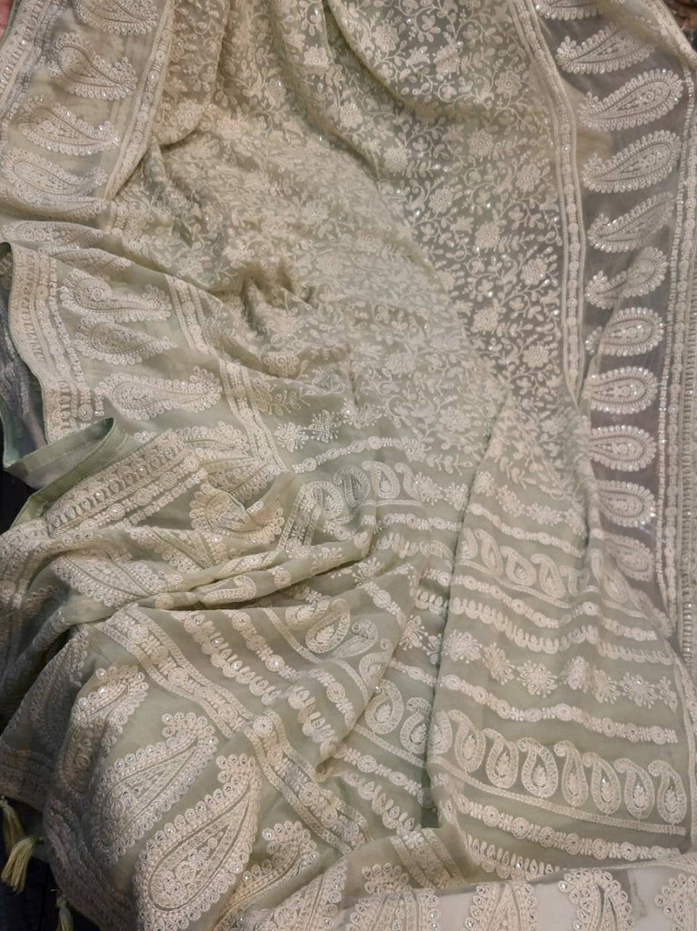 Zynah Pure Georgette Chikankari Saree with Sequence Work; Custom Stitched/Ready-made Blouse, Fall, Petticoat; Shipping available USA, Worldwide