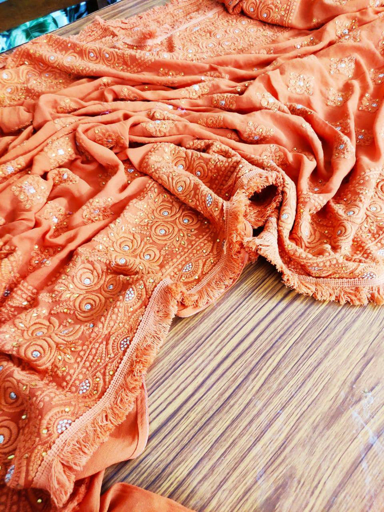 Zynah Pure Georgette Chikankari Saree with Glitter Work and Frilled Lace Border; Custom Stitched/Ready-made Blouse, Fall, Petticoat; Shipping available USA, Worldwide