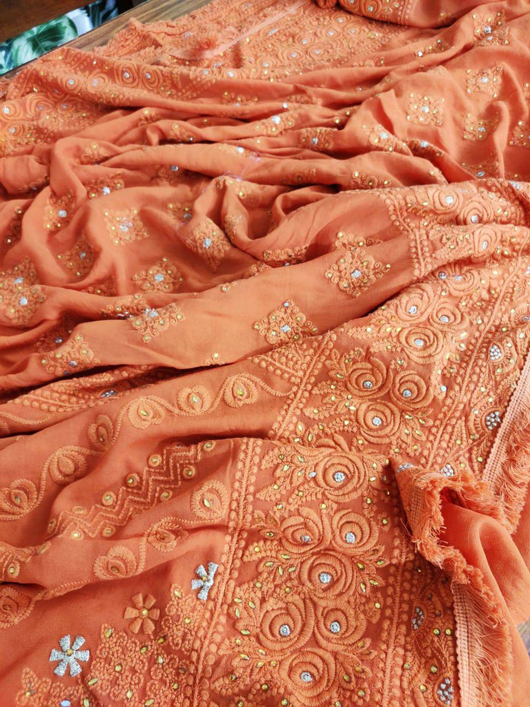 Zynah Pure Georgette Chikankari Saree with Glitter Work and Frilled Lace Border; Custom Stitched/Ready-made Blouse, Fall, Petticoat; Shipping available USA, Worldwide