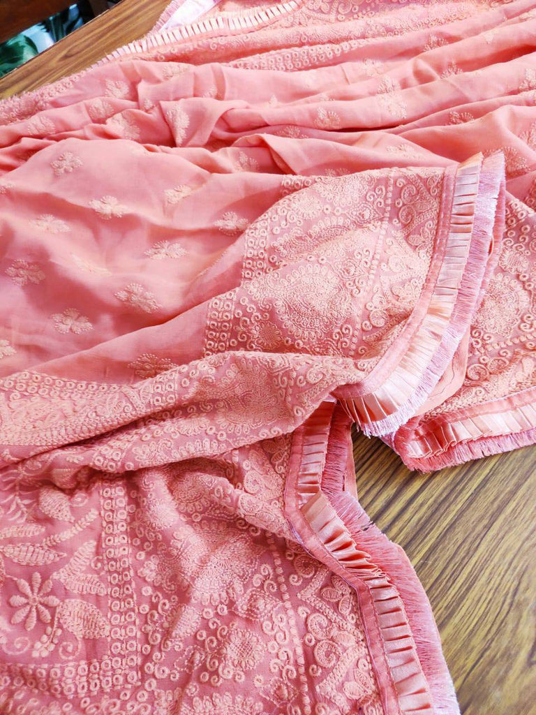 Zynah Pure Georgette Chikankari Saree with Glitter Work and Frilled Lace Border; Custom Stitched/Ready-made Blouse, Fall, Petticoat; Shipping available USA, Worldwide