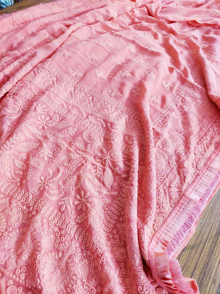 Zynah Pure Georgette Chikankari Saree with Glitter Work and Frilled Lace Border; Custom Stitched/Ready-made Blouse, Fall, Petticoat; Shipping available USA, Worldwide