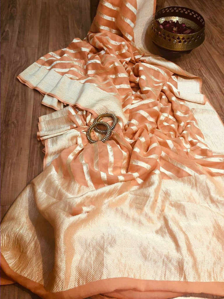 Zynah Khaddi Georgette Banarasi Woven Saree; Custom Stitched/Ready-made Blouse, Fall, Petticoat; Shipping available USA, Worldwide