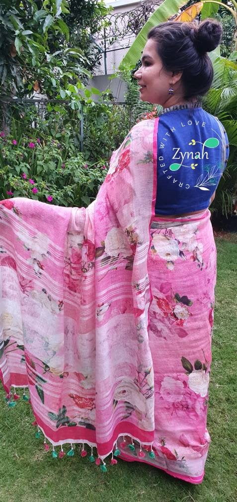 Zynah Digital Printed Organic Lab Tested 120 Count pure 'Linen by Linen' Handcrafted Saree; Custom Stitched/Ready-made Blouse, Fall, Petticoat; Shipping available USA, Worldwide