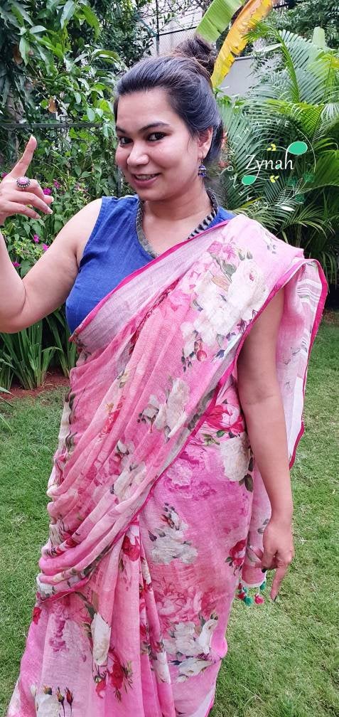 Zynah Digital Printed Organic Lab Tested 120 Count pure 'Linen by Linen' Handcrafted Saree; Custom Stitched/Ready-made Blouse, Fall, Petticoat; Shipping available USA, Worldwide