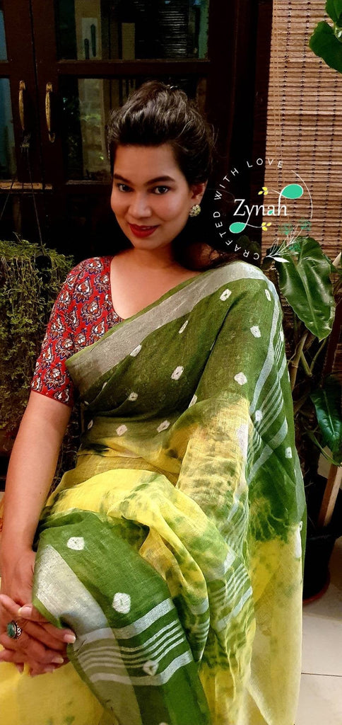 Zynah Organic Lab Tested superior Count pure 'Linen By Linen' handcrafted shibori print saree; Custom Stitched/Ready-made Blouse, Fall, Petticoat; Shipping available USA, Worldwide