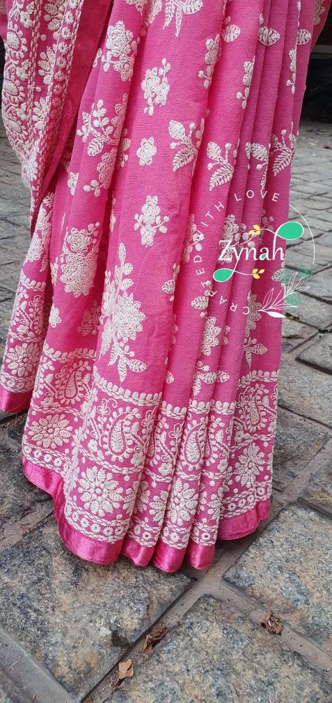 Zynah Pure Georgette Chikankari Saree in Pastel Shades; Custom Stitched/Ready-made Blouse, Fall, Petticoat; Shipping available USA, Worldwide